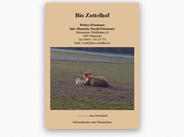 elektronische Visitenkarte von Bio Zottelhof - Walter Ettenauer - erstellt von CSMB e.U. Martin Böhm 